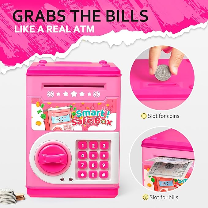 ATM Piggy Bank for Boys Girls, Vcertcpl Mini ATM Coin Bank Money Saving Box with Password Code, Kids Safe Money Jar for Real Money with Auto Grab Bill Slot, Great Gift Toy Bank for Kids (Pink)