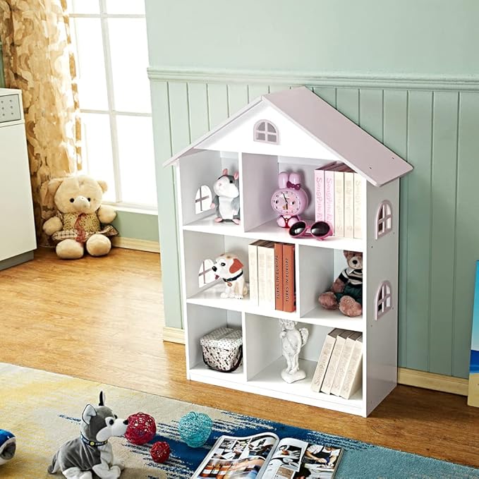 Wooden Dollhouse Bookshelf 3-Tier Doll House Bookcase Kids Books Toys Storage Organizer Shelves for Children's Bedroom Playroom Kindergarten Nursery Gift for Boys Girls Ages 3-8 Years Old