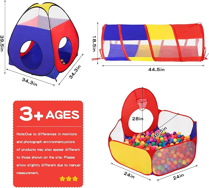 3 in 1 Kids Play Tent for Toddler with Baby Ball Pit and Play Tunnel, Children Indoor Outdoor Playhouse with Climbing Tunnel Toy for Toddlers, Boys and Girls Best Birthday Gifts（No Balls）