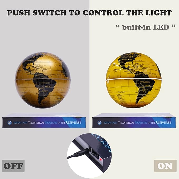 6" Magnetic Levitation Floating Globe Anti Gravity Rotating World Map with LED Light 7 Colors Display Floating Globe for Children Educational Gift Home Office Desk Decor (Gold-Book Base)