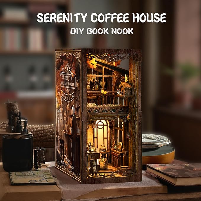 [2025 New] Coffee House Book Nook Kit with Dust Cover & LED Light, DIY Miniature House Kit Toy, 3D Wooden Puzzle Bookshelf Decor Building Kit, Birthday Gifts for Family & Friends