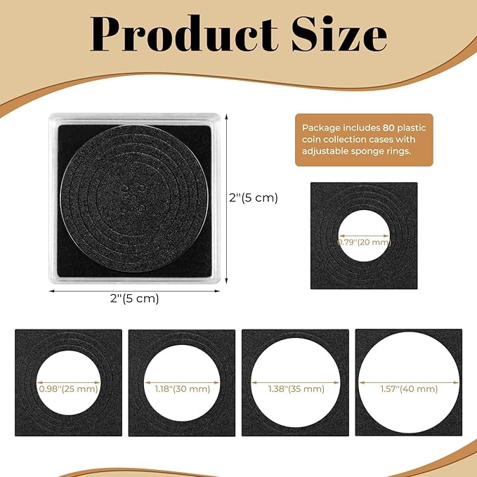 80 Pcs Adjustable Acrylic Coin Collection Cases with Sponges, Coin Snap Holder, Silver Dollar Protection Cases for Collectors, Coin Dollar Collection Supplies(20mm-40mm)
