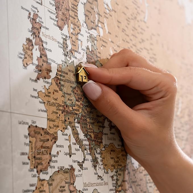Canvas World Map with Cork Pin Board - English Lettering - Decorative Wall Decoration for All Rooms - Canvas Pictures with World Map Motif (70x50 cm, Pattern 16)
