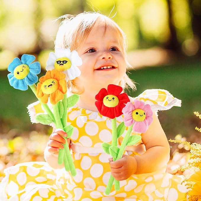 18 Pcs Plush Smile Flower Stuffed Bendable Stems Plush Bouquet Toy Soft Floral 12.6 Inch for Graduation 2025 Mother's Day Valentines Day Girl Girlfriend Wife Family and Friends(Elegant Style)