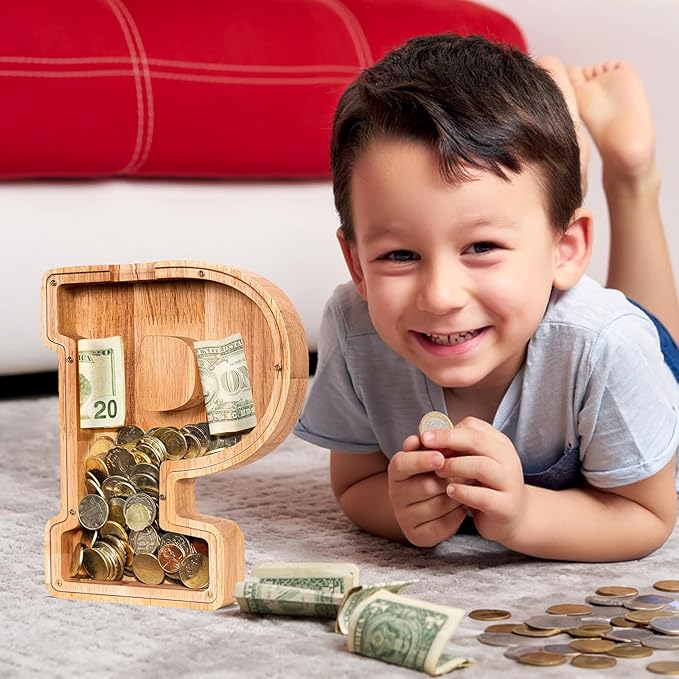 SummiDate Wooden Letter Piggy Bank| Piggy Bank for Boys Girls Toddler| Alphabet P Money Bank| Coin Bank Birthday Gift for Kids|Birthday Gift for Kids (P)