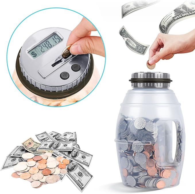 X-Large Piggy Bank for Adults, Vcertcpl Digital Coin Counting Bank with LCD Counter, 2.8L Capacity Coin Bank Money Jar for Adults, Designed for All US Coins(Gray, X-Large)