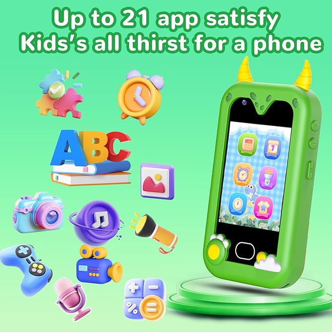 Lapare Kids Smart Phone Toys, 2.8'' Touchscreen HD Dual Camera Cell Phone for Kids, Birthday Gifts Dinosaur Toddler Play Phone for Boys 3-10, Travel Learning Toy for with 32GB SD Card(Green)