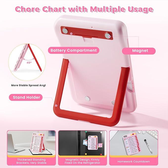 Magnetic Chore Chart for Kids with Time Timer, 99-Min Countdown/Up Visual Timer, Dry-Erase Reward Chart with Sliders, to Do List & Routine Checklist, Visual Schedule Board for ADHD & Autism (Pink)