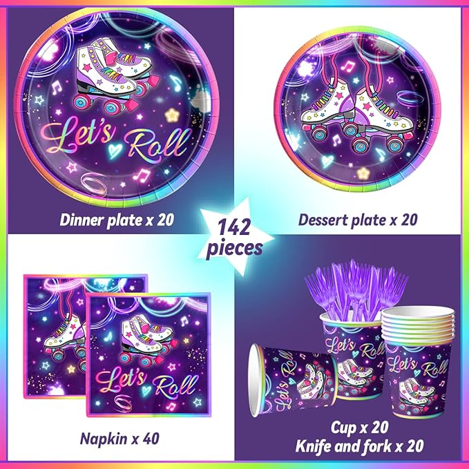 Roller Skating Party Supplies,142Pcs Roller Skating Party Decorations Tableware Set Include Plates Napkins Cups Banner Tablecloth for Let's Roll Birthday Birthday Party Decorations, Serve 20