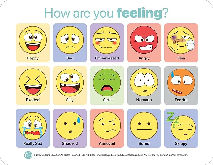Circle Up Emoji Emotions Chart 10-Pack – 8.5x11 Laminated SEL Tool for Emotional Check-Ins & Conversations – Double-Sided Feelings Chart for Counselors, Educators, Therapists & Social Workers (5 Emoji & 5 Feeling Wheel)