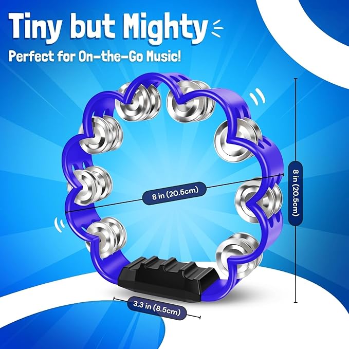 Flexzion Flower Tambourine - 8 Inch Handheld Percussion Instrument w/Metal Jingles & Ergonomic Grip - Small Tambourines for Adults, Kids, Church, Parties, & Musical Events (Blue)