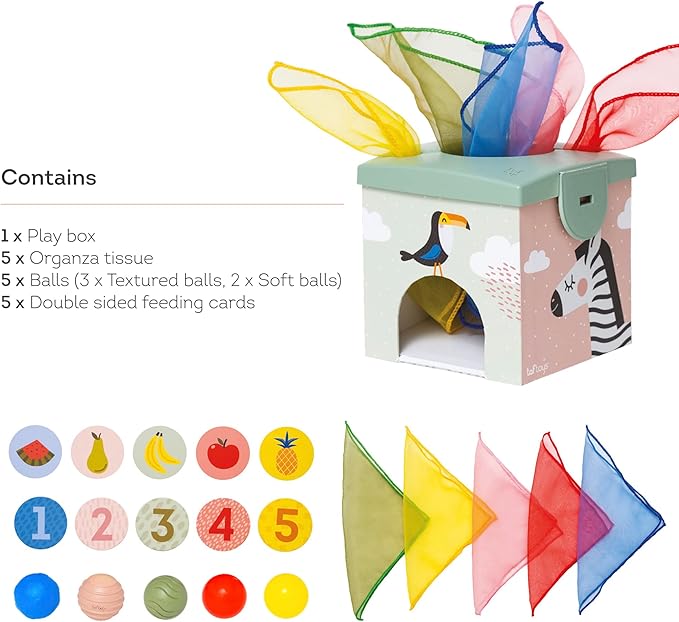 Taf Toys Sensory Baby Tissue Box, Object Permanence Box, Imaginary Play for Infants & Toddlers, Montessori Square Sensory Toys Colorful Pull Scarves, Play Balls & Cards Educational Preschool Learning