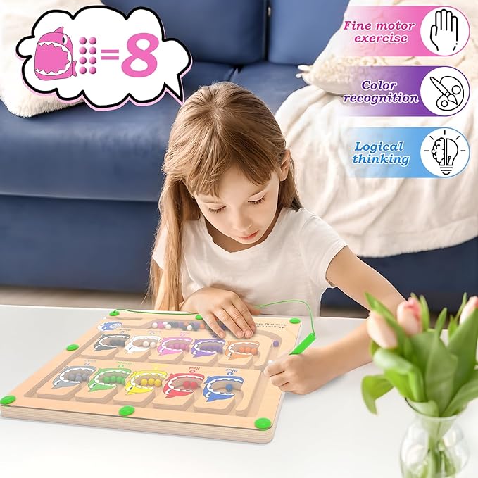 Magnetic Color & Number Maze, Montessori Counting Matching Toys, Wooden Magnet Maze Board Game, Montessori Fine Motor Skills Toys for 3 4 5 Years Old Preschool Learning Activities