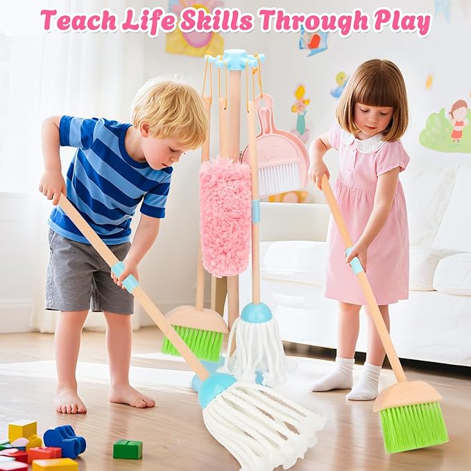 Kids Cleaning Set, Wooden Toddler Broom Set for Housekeeping, 7 Pieces Montessori Cleaning Toys with Kids Broom and Mop Set, Housework Pretend Play Toy Gift for Boys Girls Ages 3+