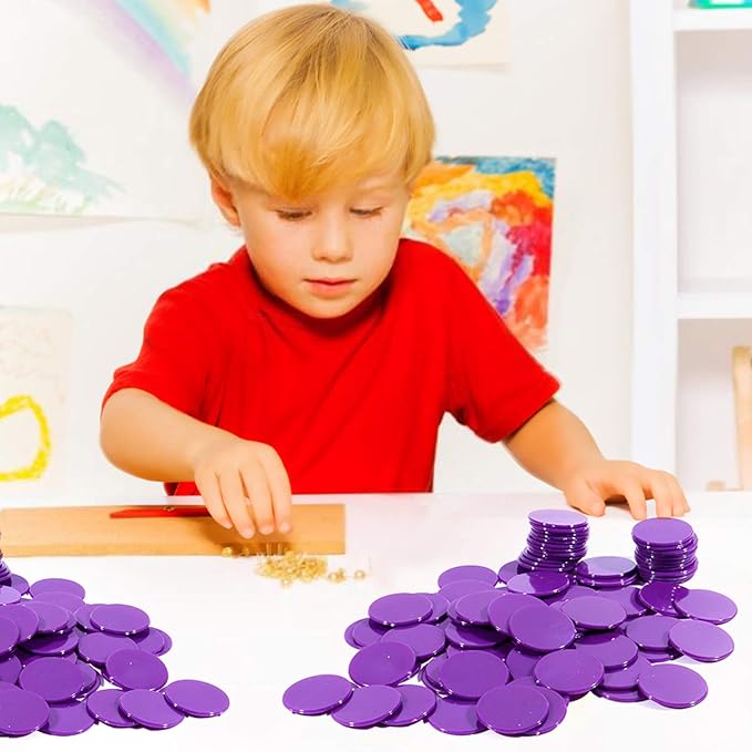Coopay 300 Pieces Plastic Learning Counters Disks Bingo Chip Counting Discs Markers for Math Practice and Poker Chips Game Tokens,1 Inch (Purple Style 1)