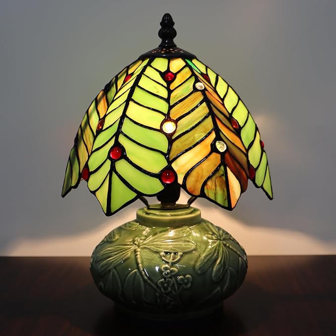 Small Tiffany Lamp Mushroom Table Lamp, Mini Stained Glass Desk Light Memory Sympathy Ceramic lamp 8X11 Inch (Brown Green Leaf)