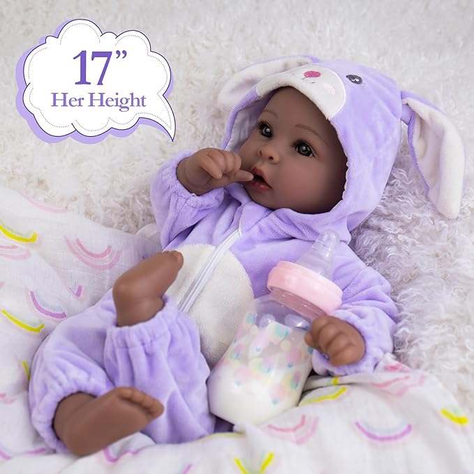 Aori Black Baby Dolls Realistic,17-inch Lifelike Soft Body Baby Girl That Look Real with Feeding Kit Included, Ideal Gift for Kids, Birthday, Pretend Play
