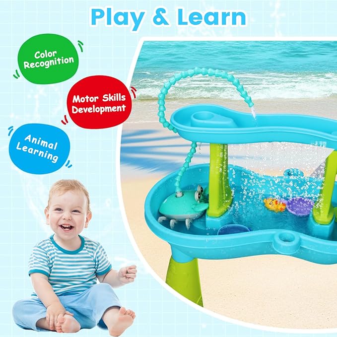 Water Table Pump for Kids - 5400mAh Crab & Duck Design Outdoor/Indoor Water Play Toy with IP67 Waterproof, 3 Flow Settings, 6Hrs Playtime, Compatible with Sensory Tables, Bath Tubs, Pools