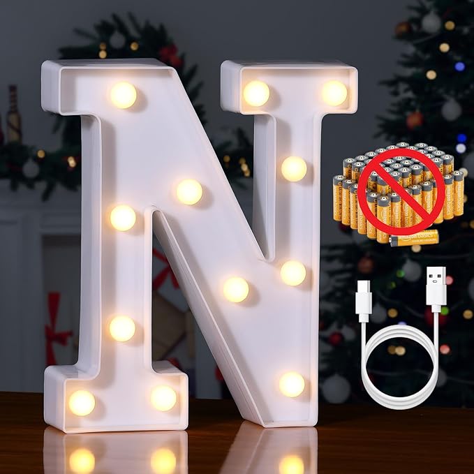 Foaky Rechargeable LED Letter Lights Sign Marquee Light Up Letters Sign for Night Light Wedding/Birthday Party Christmas Lamp Home Bar Decoration (N)