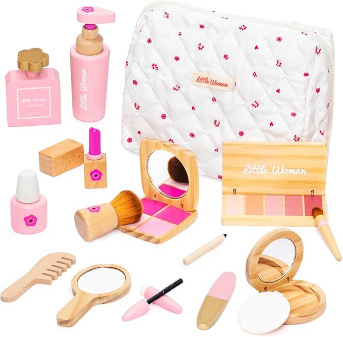 Wooden Makeup Toy Set, Pretend Play Makeup Kit for Toddlers Realistic Beauty Salon Set for Girls with Eyeshadow Lipstick Perfume Brush and Cosmetic Bag Birthday Gifts for Girls Toys Kids Aged 3 4 5 6