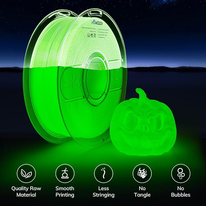 AMOLEN 3D PLA Printer Filament, 1.75mm Glow in The Dark Green PLA Filament for 3D Printing, Best with UV Lamps, 1kg Spool (2.2lbs), Dimensional Accuracy +/- 0.02 mm, Fit Most FDM 3D Printers