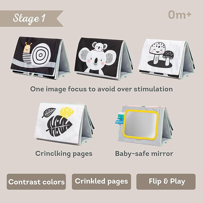 Taf Toys Tummy Time Toys High Contrast Baby Book. Fun, Interactive Crinkle Books for Babies with Mirror & Soft Koala Teether - Baby Tummy Time Book