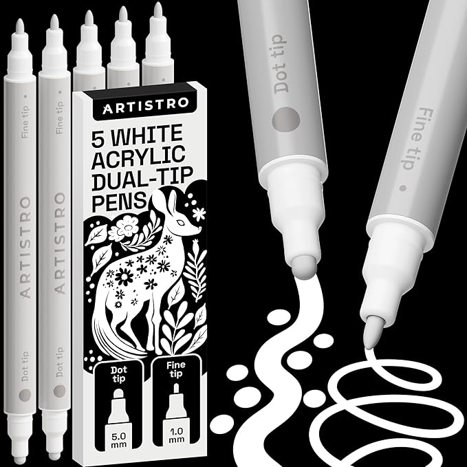 ARTISTRO 5 White Acrylic Paint Markers for Rock, Fabric, Wood, Glass, Craft, Decoration - Dual-Tip Paint Pens - Stocking Stuffers, Christmas Gift Idea for Teens, Grandkids, Kids - Art Supplies