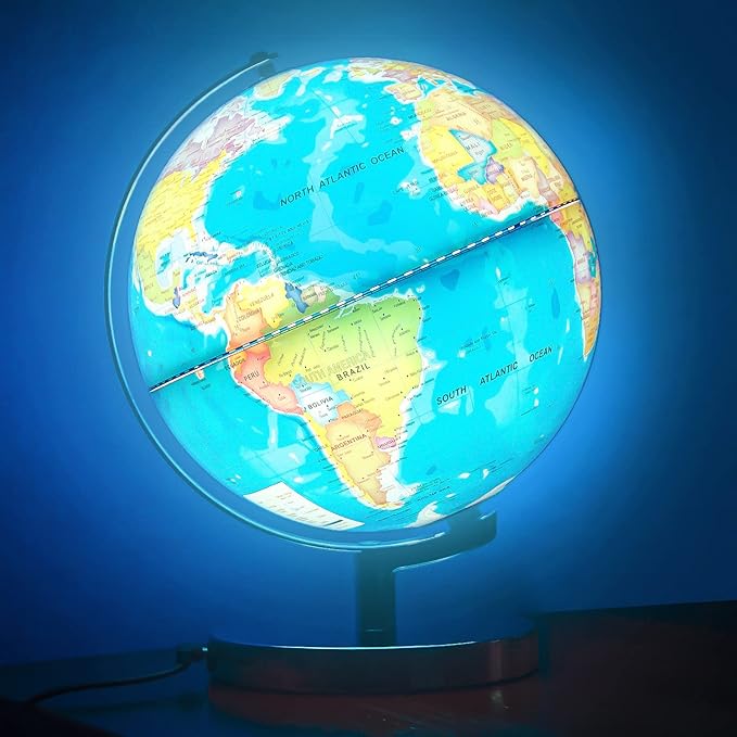 6 in1 Illuminated Large World Globe for Kids & Adults All Ages High Clear Map 12inch, Illuminates Educational Interactive STEM Toy, Light Up Kids Globe Lamp,Gifts For Boys And Girls