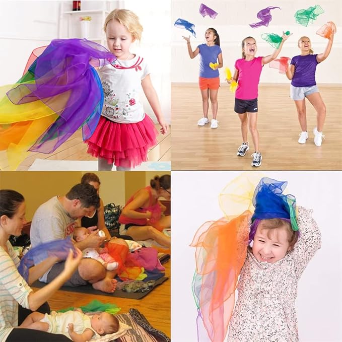 Dance Scarves for Kids 12 Pcs Music Scarves Dance Scarf Play Scarves for Children Movement Square Juggling Silk Tricks Scarves Rhythm Band Scarves(6 Colors,24" x 24")