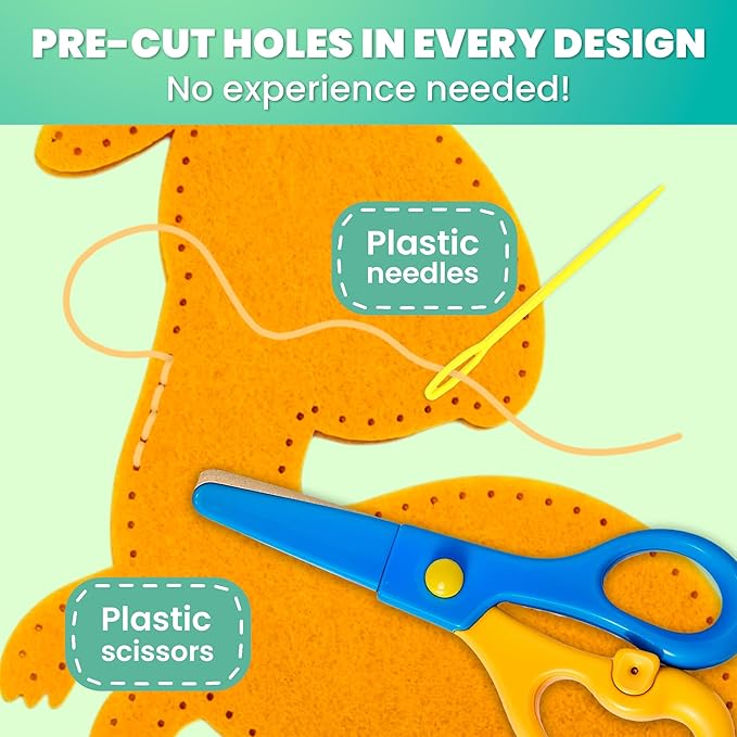 QUOKKA Kids Crafts Ages 7-9, DIY Beginner Needle and Thread Kit - 12 Wild Dino Sewing Kit Basic - Fun Arts Crafts for Kids Ages 7-9 Girls Boys - Plastic Needles, Scissors - 7+ Year Old Girl Gifts