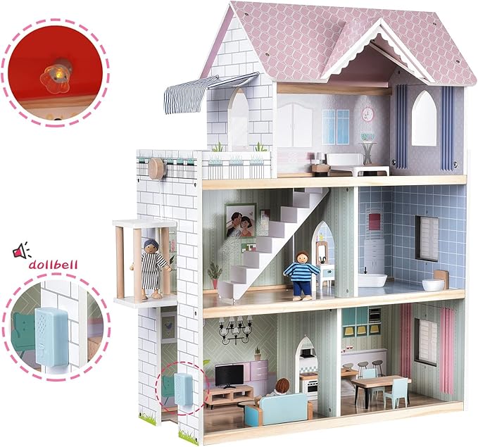 Giant bean Large Pink Wooden Dollhouse with Furniture for Girls with Doorbell, Light,Elevator, 6 Rooms 2.6ft High,15 Pcs Furniture & 3 Dolls, Kids Playhouse Toy for Girls 3-7+, 31.5" x 25" x 12.2"