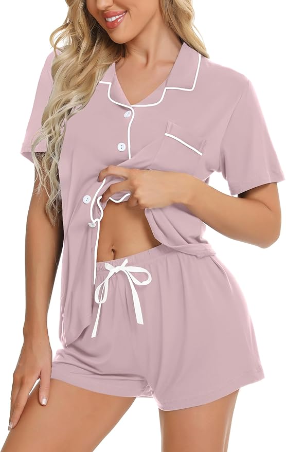 SWOMOG Womens Button Down Pajamas Set Short Sleeve Sleepwear Bride Soft Pj Lounge Sets XS-3XL