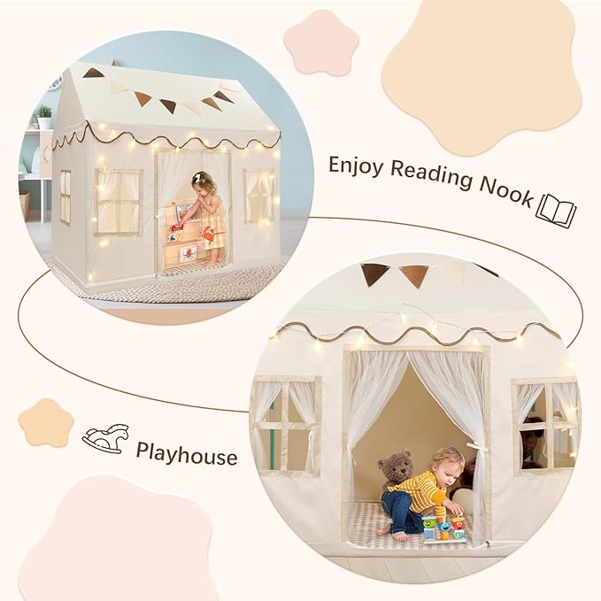 Kids Play Tent, Toddlers Large Playhouse with Star String, Flag, Machine Washable, Indoor and Outdoor Play Tent for Kids, Girls & Boy Aged 3+, 50" x 34" x 51", Cream