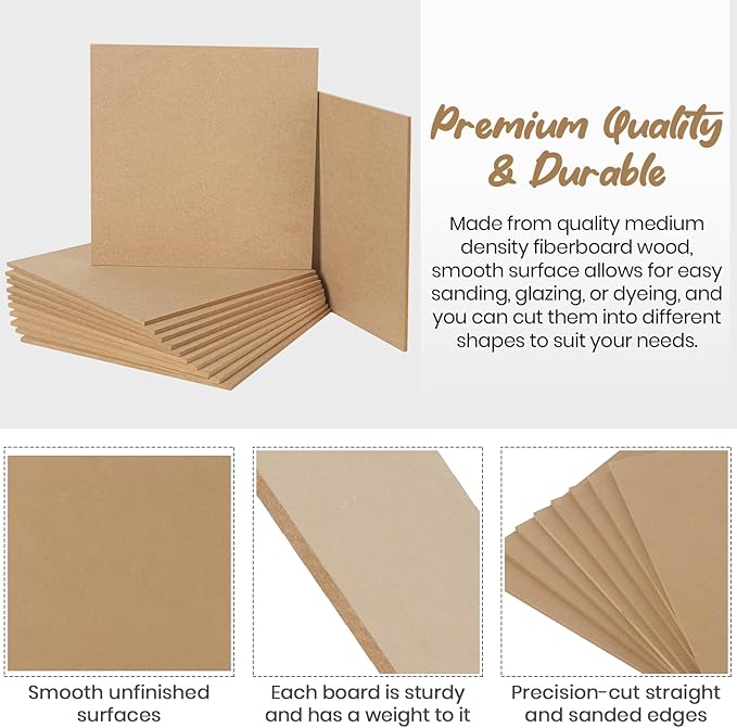 CALPALMY 12-Pack MDF Board 1/4 Inch Thick 12" x 12" Unfinished Wood Panels, 6mm Thick Medium Density Fiberboard Wood Boards for Crafts, Painting, Carpentry, Engraving, Interior Design, and More
