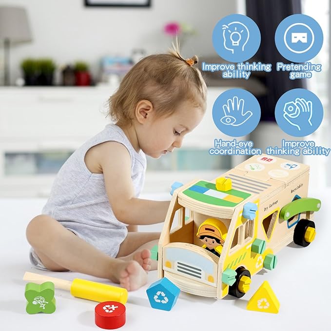 Wooden Recycling Truck Toy Take-Apart Garbage Sorting Truck