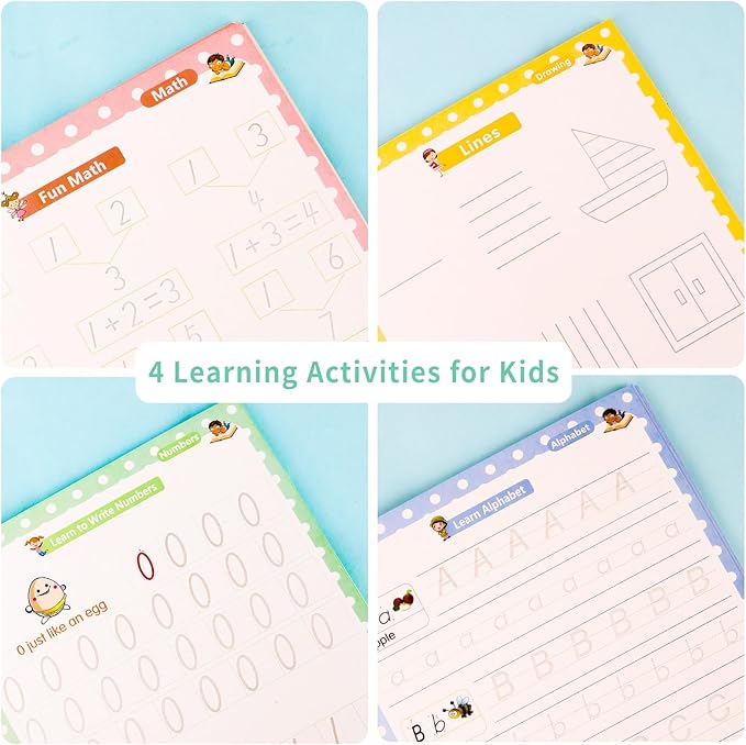 Premium Grooved Handwriting Practice for Kids, Reusable Children's Magic Copybook with Pencil Grips and Pouch, Large Size Calligraphy Workbooks Kit for Pre-School, Kindergarten(30 Refills)