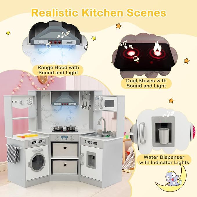 Costzon Corner Play Kitchen, Wooden Toddler Kitchen Playset with Lights and Sounds, Water Circulation System, Washing Machine, Toy Kitchen with Accessories, Kids Kitchen Playset (Grey)