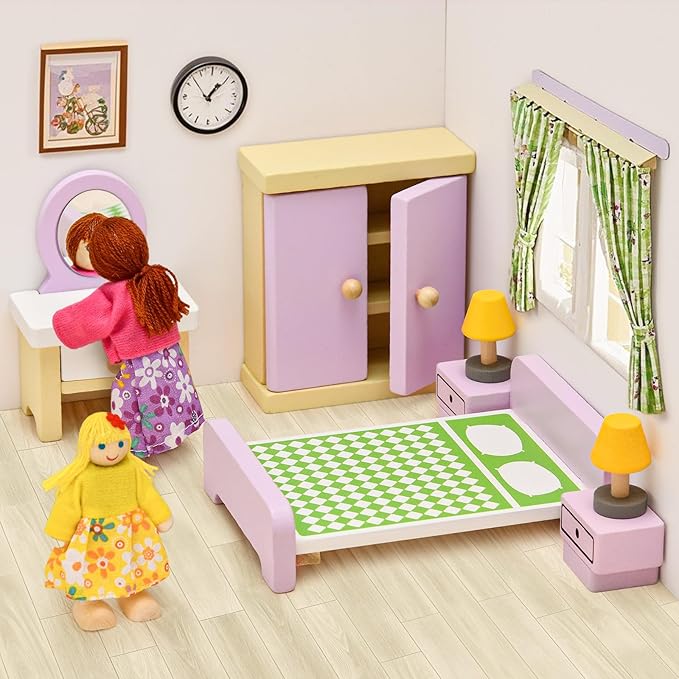Toyssa Wooden Dollhouse Furniture Set, 36PCS Miniature Doll House Accessories with Colorful 5 Room & 4 Flexible Family Dolls, Pretend Play Toys Birthday Gift for Toddlers 3 4 5 6 Years Old