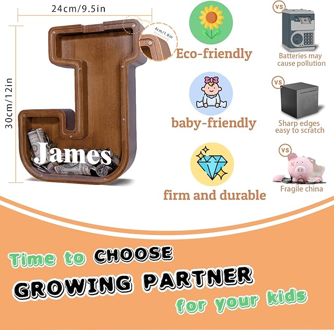 Wooden Letter Piggy Bank for Kids Larger Letter Piggy Bank for Boys and Girls Personalized Piggy Bank Initial Coin Bank Wood Kids Money Bank for Birthday and Festival