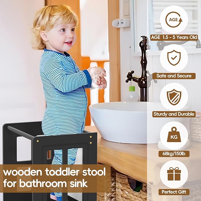 4 in 1 Kitchen Step Stool Helper for Toddlers, Adjustable-Height Toddler Learning Standing Tower with Double-Sided Whiteboard, Non-Skid Feet Kids Step Stools for Kitchen Counter Bathroom Sink