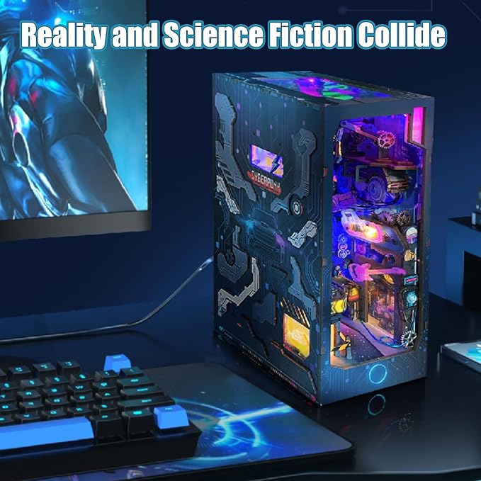 Cyberpunk DIY Book Nook Kit,Tech Miniature House Kit,Bookshelf Booknook Insert Dollhouse,Dust Proof Tiny House Model,3D Wooden Puzzle with Cool Lights,Easter Halloween Home Decor,Family Birthday Gifts