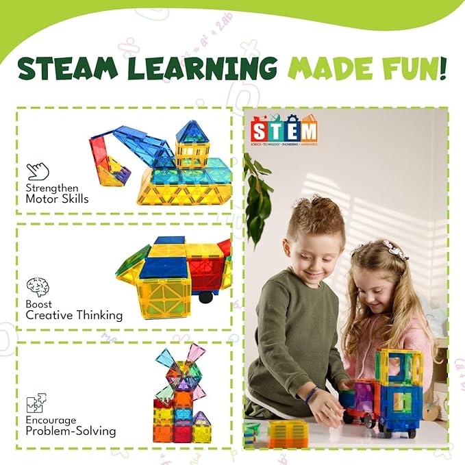 Magnetic Tiles 136 PCS with 2 Cars – STEM Building Blocks for Kids, Educational Gift for Boys & Girls