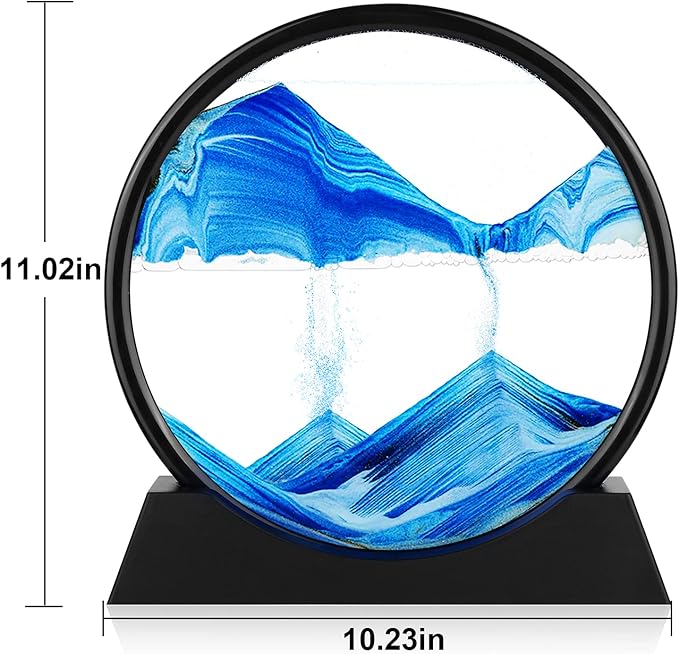 Moving Sand Art Picture - 3D Quicksand Painting Decor - Round Glass 3D Deep Sea Sandscape - Relaxing Home Decoration Desk Toys for Home Office Desk Mantle Bookshelf- (Blue, 12 in)