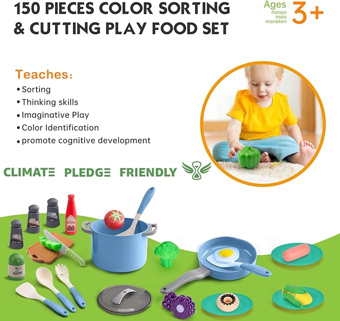 150Pcs Kitchen Playset, Toddlers Pretend Cooking Cookware Accessories, Food, Picnic Blanket, Fruits, Veges, 2Pack Shopping Storage Basket, Dessert and Prop Money, Gift for Kids (Blue)