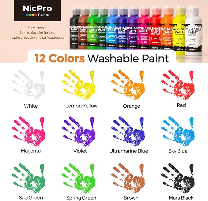 Nicpro 12Colors Washable Paint for Kids(2 oz), Finger Paint Set with Paint Cups and Toddler Paintbrushes, Non Toxic & Mess Free Kids Painting Set for Children Age 1-3 4 5 6+ Preschool Learning Gifts