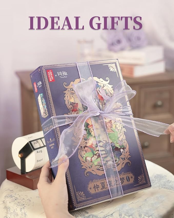 Tonecheer x British Library DIY Book Nook Kit,Shakespeare 3D Wooden Puzzle for Adults,Miniature House Booknook Bookshelf Insert Decor with LED Lights Unique Gifts (A Midsummer Night's Dream)