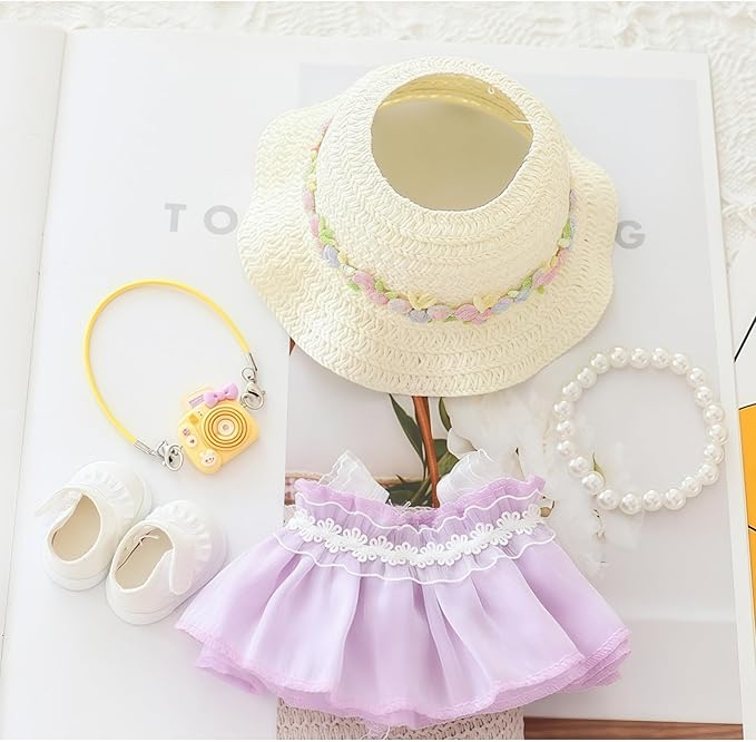 Clothes for Dolls Accessories, Outfit Set 5 Pieces Gauze Dress for 15cm 17cm Doll (No Doll), Romantic Hat Skirt Shoes Doll Clothing Set Replacement Purple