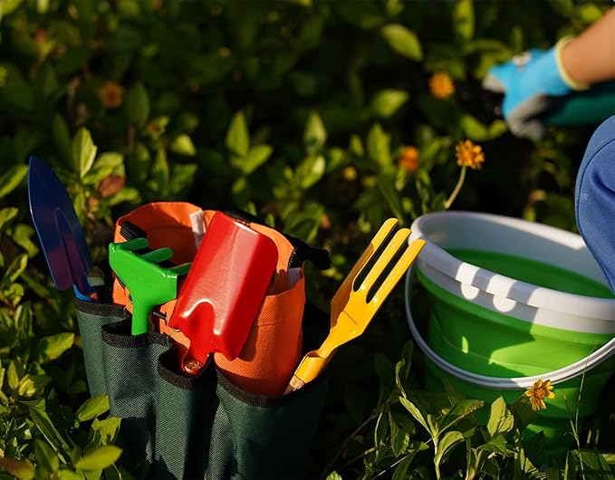 Kidz Gardening Tool Set – Gardening Tools Kit Includes Shovel, Rake, Fork Trowel, Children'z Garden Kit with Sun Hat, Apron, Gloves, Tote Bag, Sprayer and Bucket, Outdoor Play Toyz Gift for Kidz