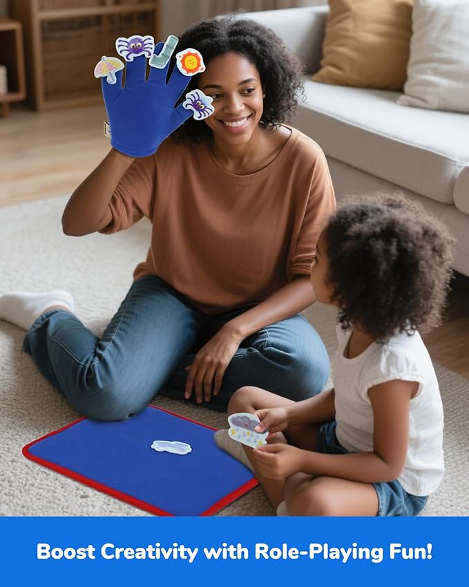 CHEFAN Felt Board for Toddlers, Finger Puppets Includes Itsy Bitsy Spider, 5 Little Ducks & More, Flannel Board for Preschool Learning Activities, Interactive Storytelling Set with Gloves (4 Sets)
