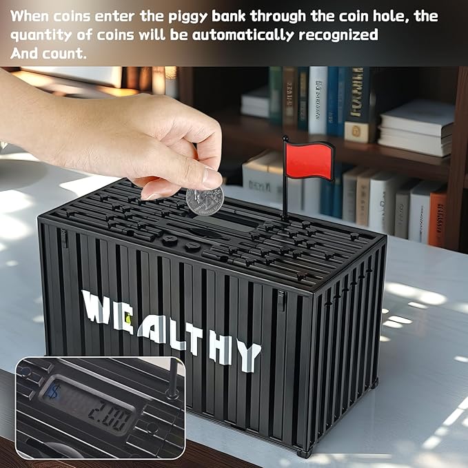 Piggy Bank for Kids, Unbreakable Building Blocks Container Money Saving Box for Adults, Digital Coin Counting Bank with LCD Counter, Great Children’s Gifts for Birthday, Easter, Christmas Black